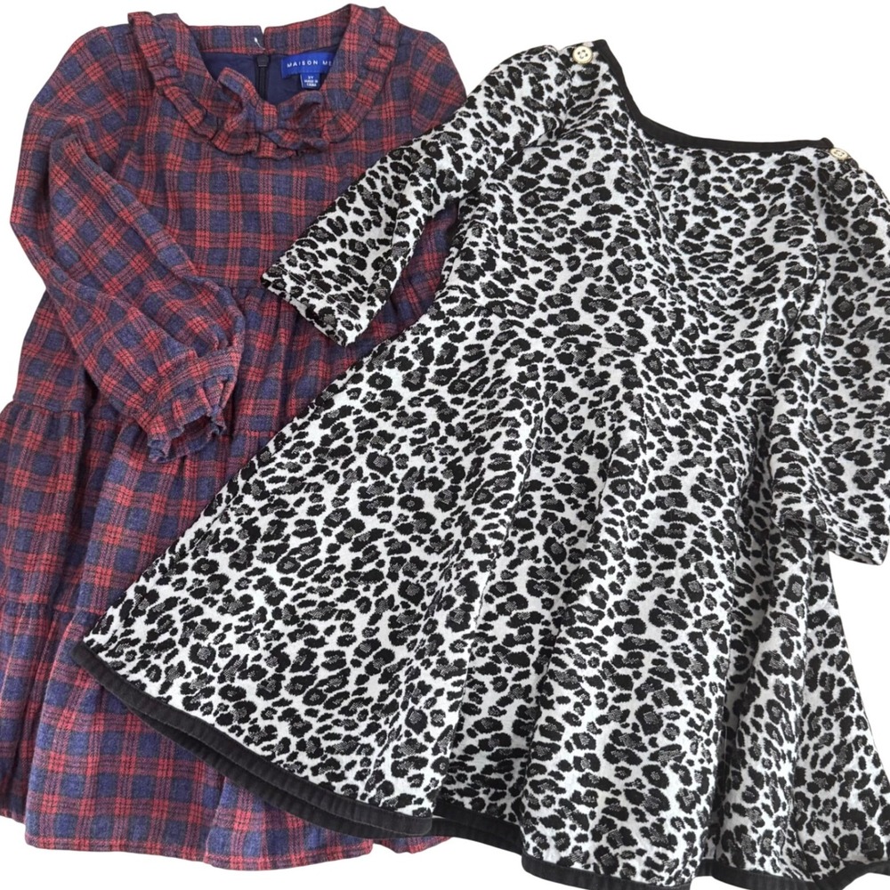 3T Toddler Dress Lot Maison Me Plaid Flannel + Janie & Jack Leopard Knit VGUC LS